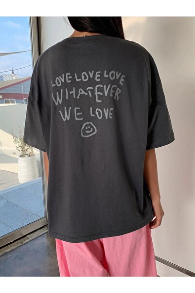 DUBU BUTİK Smoked Oversize Love T-shirt - Oversize Printed
