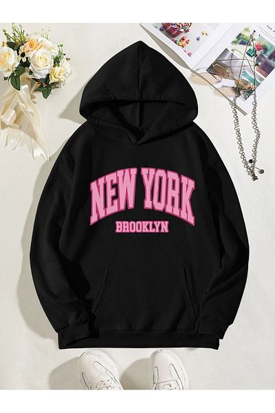 DUBU BUTİK New York Brooklyn FFCBDB Sweatshirt - Black Printed Oversize Hoodie