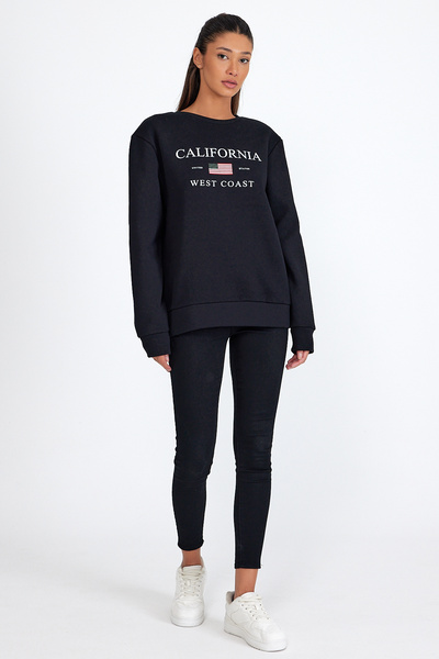 Superlife Süperlife Women's Crew Neck Comfortable Fit Fleece Lined 3 Thread American Printed Sweatshirt Spr24Swk26