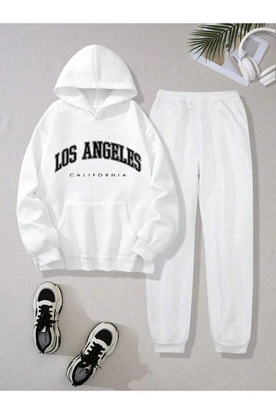 DUBU BUTİK Los Angeles Tracksuit Set Sweatshirt Jogger - White Printed Oversize Raster Hooded