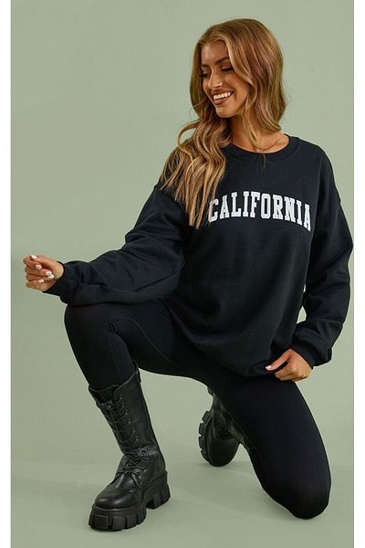 DUBU BUTİK California Letter Sweatshirt - Black Printed Oversize Crew Neck