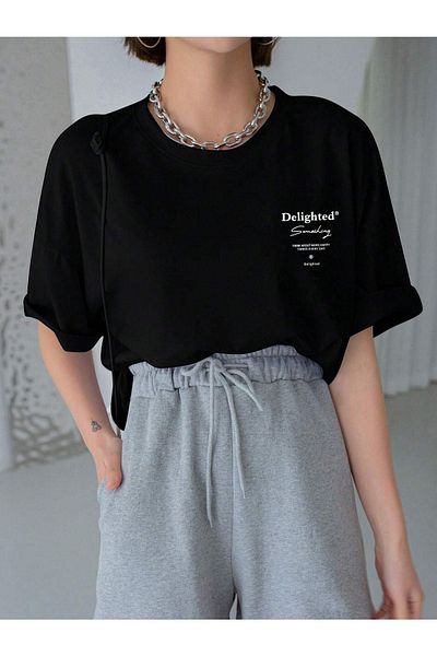 DUBU BUTİK Delighted T-shirt - Black Printed Oversize Crew Neck Short Sleeve T-Shirt