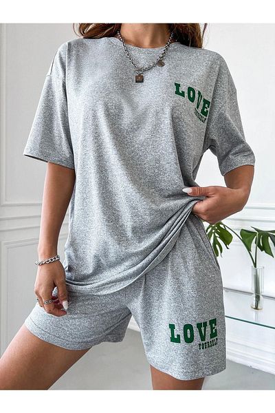 DUBU BUTİK Love T-Shirt & Shorts, Gray 2-Piece Combination, Oversize Crew Neck Set