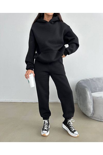 DUBU BUTİK Σετ φόρμας χωρίς στάμπα Φούτερ Jogger - Μαύρη κουκούλα μεγάλου μεγέθους