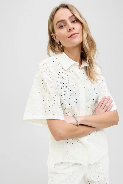 JJXX Women's Relaxed Fit Lace Listing Eten Short Sleeve 100% Cotton Shirt Ecru 12270924