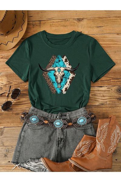 DUBU BUTİK Bone Head T-shirt - Green Oversize Printed Crew Neck