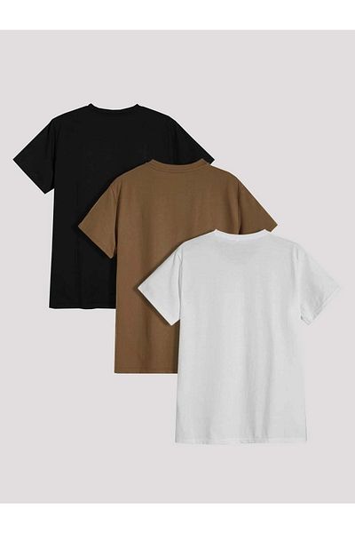DUBU BUTİK 3-Piece Days T-shirt - Black Mink White Printed Oversize Crew Neck Short Sleeve T-Shirt