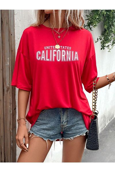 DUBU BUTİK Us California T-Shirt - Red Printed Oversize Crew Neck Short Sleeve