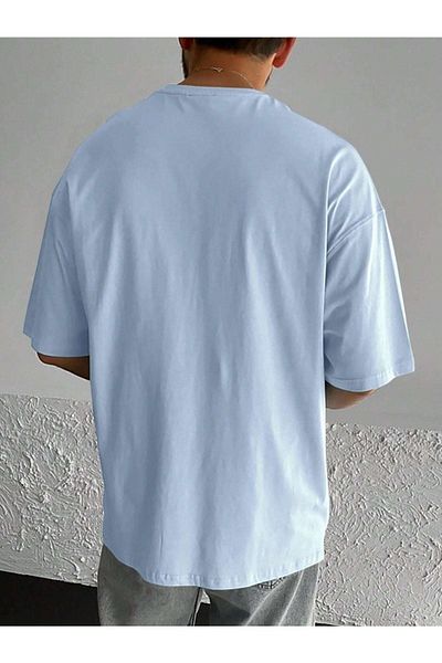 DUBU BUTİK Beach Logo T-Shirt - Baby Blue Printed Oversize Crew Neck Short Sleeve