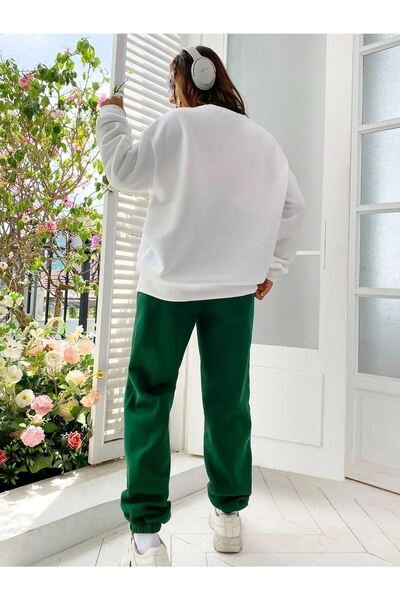 DUBU BUTİK Σετ φόρμας Brooklyn 1898 Λευκό φούτερ Green Jogger Printed Oversize Raster Crew Neck