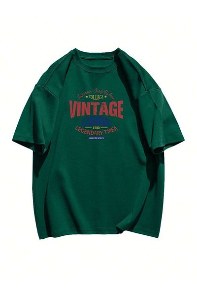 DUBU BUTİK Vintage College T-Shirt - Green Printed Oversize Crew Neck Short Sleeve