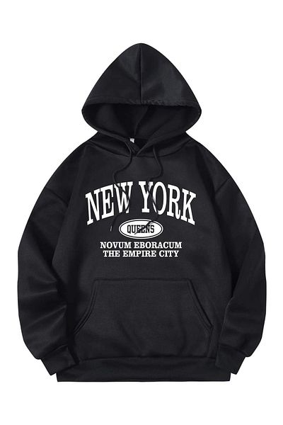 DUBU BUTİK New York Queens Sweatshirt - Black Printed Oversize Hoodie
