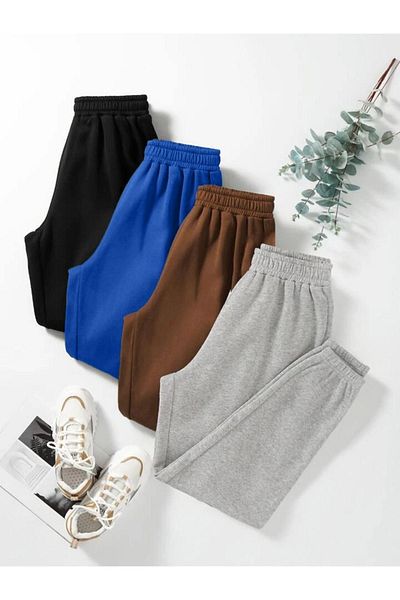 DUBU BUTİK Elastické 4-dielne tepláky Jogger s vysokým pásom - Black Sax Modrá Hnedá Sivá