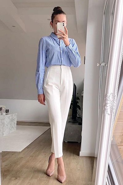 Madmext White Front Piping High Waist Women's Trousers Mg2425