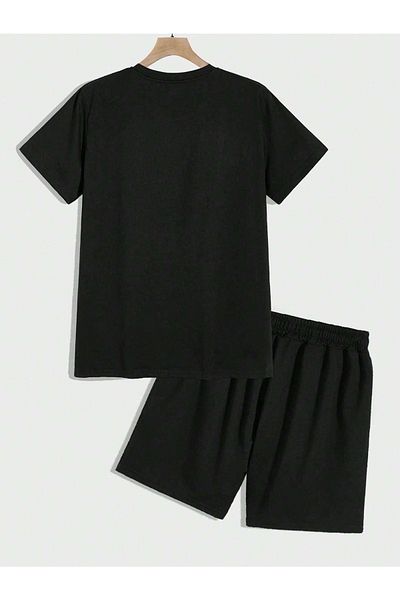 DUBU BUTİK Nasa Logo T-shirt Shorts - Black Bottom Top Combination Shorts T-shirt Set Printed Oversize Crew Neck