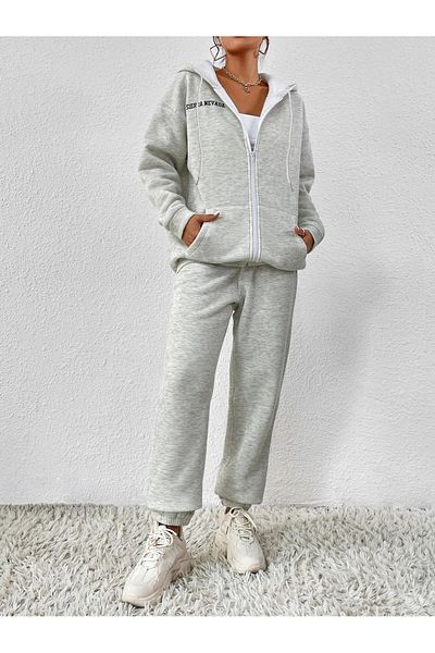 DUBU BUTİK Sirra Newada Cardigan Sweatpants Jogger- Gray Bottom Top Combination Set Printed Oversize Hooded
