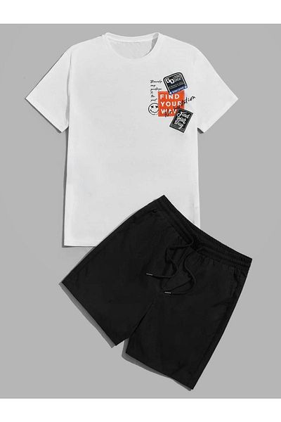 DUBU BUTİK Find Your Way T-shirt Shorts - White Black Bottom Top Team Shorts T-shirt Combo Printed Crew Neck