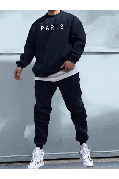 DUBU BUTİK طقم بدلة رياضية مكتوبة من Paris Sweatshirt Jogger - رقبة دائرية كبيرة الحجم مطبوعة باللون الكحلي