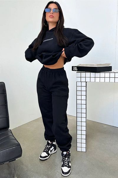 DUBU BUTİK Thatssofetch Σετ φόρμας Φούτερ Jogger - Μαύρη στάμπα Oversize Raised Hooded