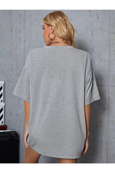 DUBU BUTİK Gray Basic Plain Unprinted Oversize Salas Boyfriend Women's T-shirt
