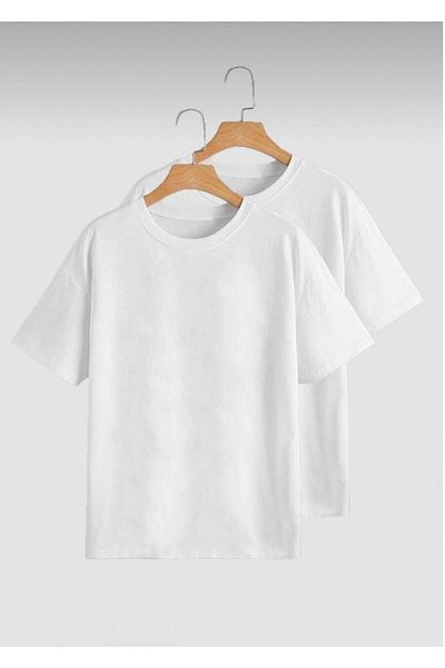 DUBU BUTİK Basic Plain 2-Piece Multi Combination T-shirt - White Oversize Crew Neck