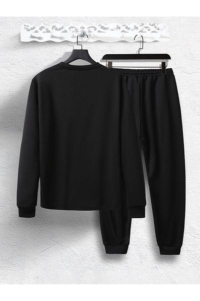 DUBU BUTİK Basic Απλό Σετ Φούτερ Jogger - Μαύρο Oversize Raised Crew Neck