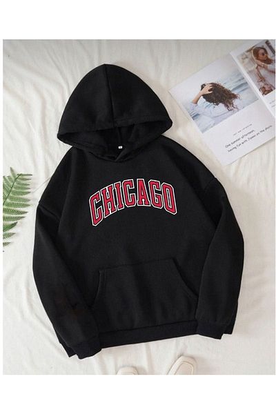 DUBU BUTİK Chicago Summer Sweatshirt - Black Printed Oversize Hoodie