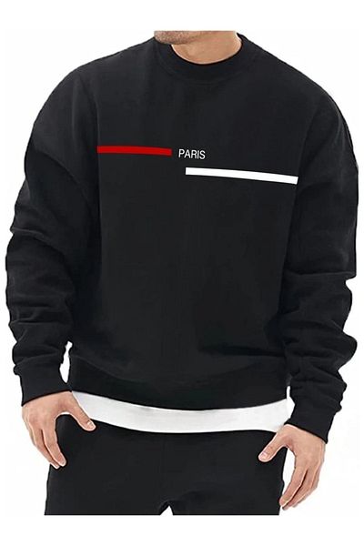 DUBU BUTİK Unisex Oversize Paris Line Print Crew Neck Μαύρο φούτερ