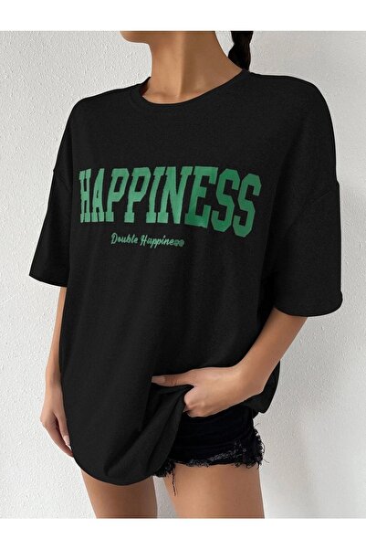 DUBU BUTİK Μαύρο μπλουζάκι Oversize Happiness Printed - Oversize Unisex