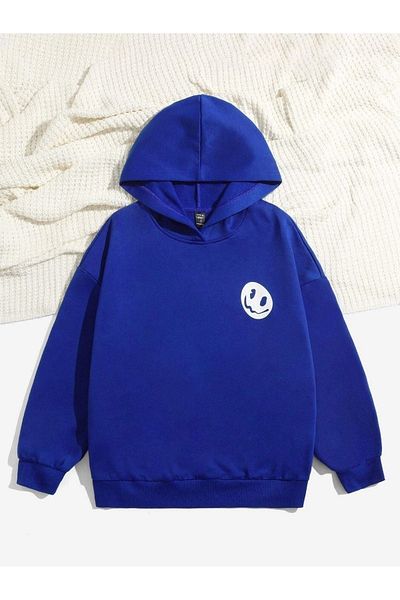 DUBU BUTİK Φούτερ You Must Believe - Saks Blue Printed Oversize Hooded