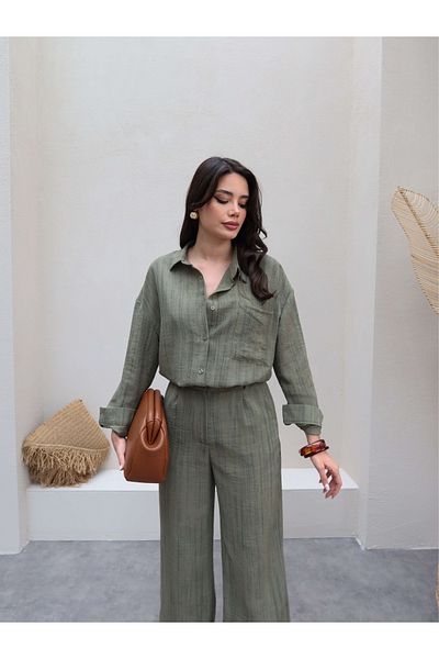 ESRAHELVACI Line Patterned Linen Shirt Pants Set