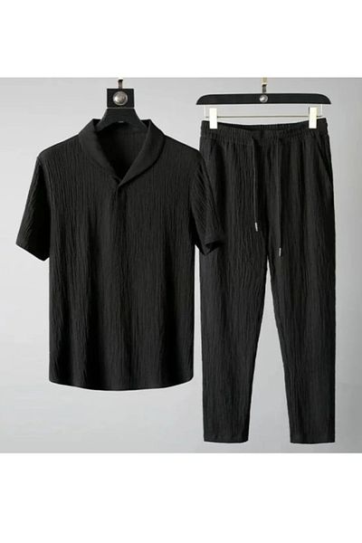EXPECTED Wrapped Crinkle Fabric Summer Lycra Unisex Women Men Short Sleeve T-Shirt Sweatpants Set