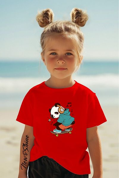 New Shine In Cart 6 and Above Purchases Get 1 T-Shirt as a Gift - Skateboarder Panda Printed Oversize Children's T-Shirt
