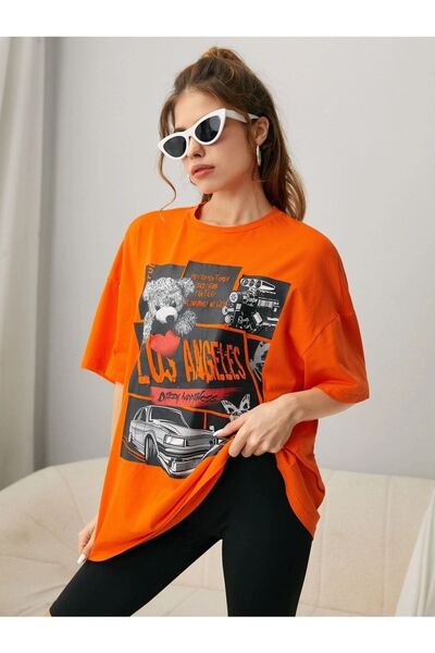 DUBU BUTİK Футболка з принтом ведмедика Los Angeles - Помаранчева футболка з коротким рукавом, великим коміром та оверсайз кроєм