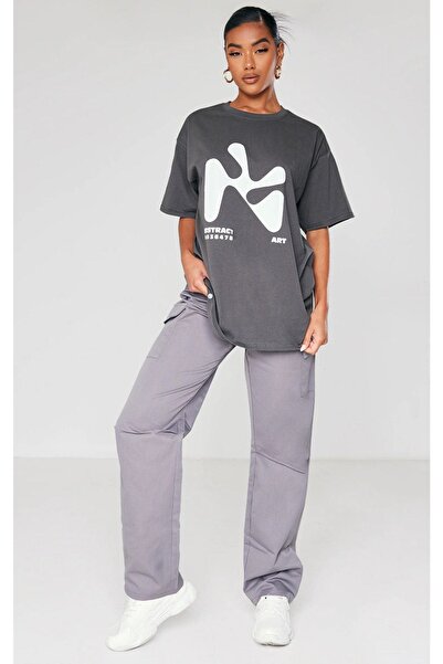 DUBU BUTİK Smoked Oversize Abstact T-shirt - Oversize Printed