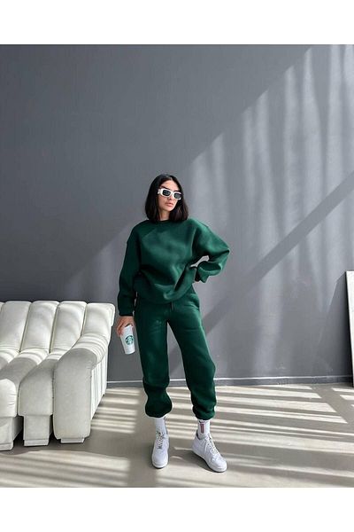 DUBU BUTİK Unprinted Sweatpants Set Sweatshirt Jogger - Green Oversize Raised Crew Neck