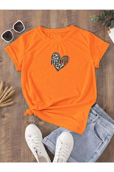 DUBU BUTİK Orange Oversize Maternity T-shirt - Heart Printed, Crew Neck