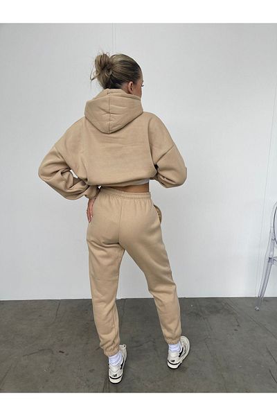 DUBU BUTİK Σετ φόρμας Ellore Australia Oversize - Φούτερ με στάμπα σε μπεζ χρώμα και Jogger