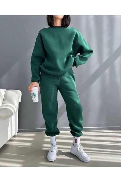 DUBU BUTİK Unprinted Sweatpants Set Sweatshirt Jogger - Green Oversize Raised Crew Neck