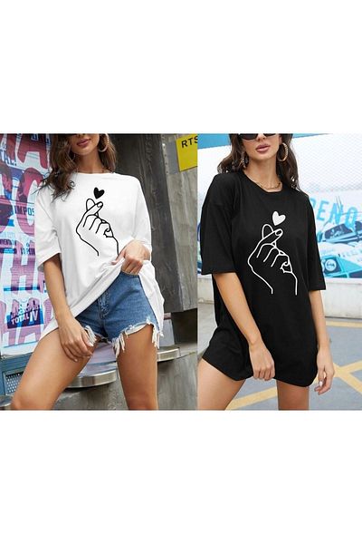 DUBU BUTİK 2 Piece T-Shirt Set Hand And Heart Printed Oversize Unisex