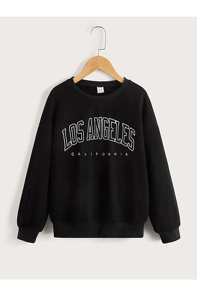 DUBU BUTİK Los Angeles Sweatshirt - Black Printed Oversize Crew Neck