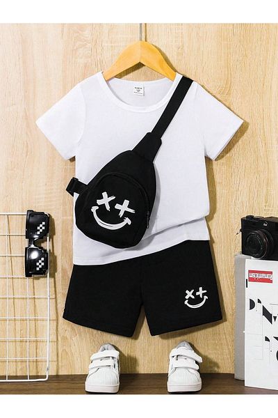 DUBU BUTİK Smiling Face Printed Children's Suit White T-shirt Black Shorts Girl Boy Crew Neck Bag None in My Suit