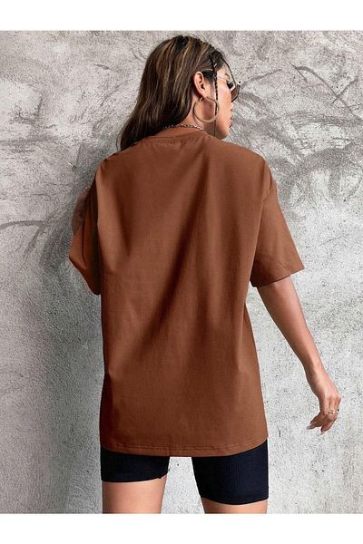 DUBU BUTİK Απλό T-Shirt Basic - Καφέ Oversize Crew Neck Κοντό μανίκι