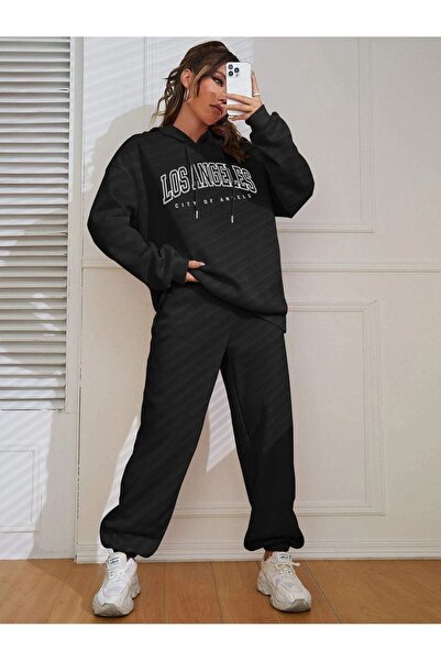 DUBU BUTİK Σετ φόρμας Φούτερ Jogger - Μαύρη στάμπα Oversize Raised Hooded