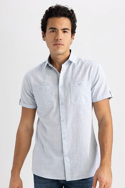 DeFacto Slim Fit Slim Fit Polo Neck Linen Look Short Sleeve Shirt N9073Az23Sm