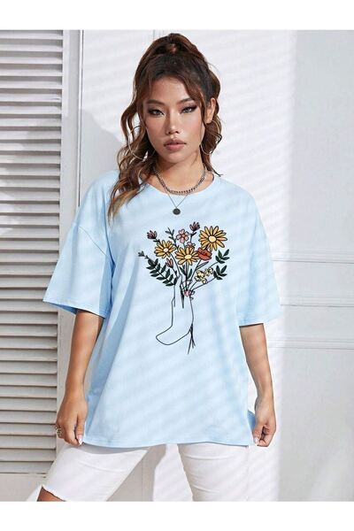 DUBU BUTİK Μπλουζάκι με λουλουδάτο μοτίβο - Baby Blue Oversize Printed Crew Neck