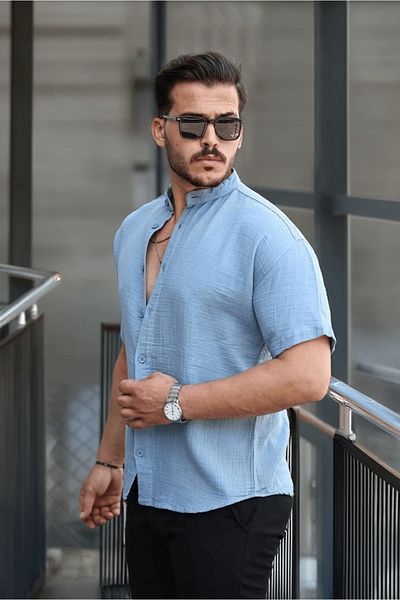 Valiberta Hakim Collar Muslin Fabric Short Sleeve Shirt - Cold Blue