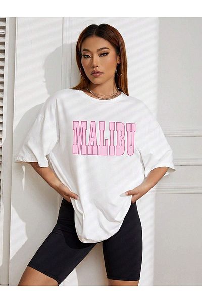 DUBU BUTİK Malibu T-shirt - White Printed Oversize Crew Neck Short Sleeve T-Shirt