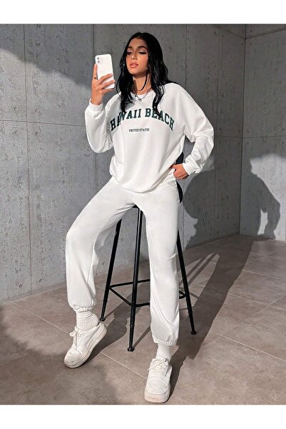 DUBU BUTİK Σετ φόρμας Hawaii Beach Sweatshirt Jogger - White Printed Oversize Crew Neck