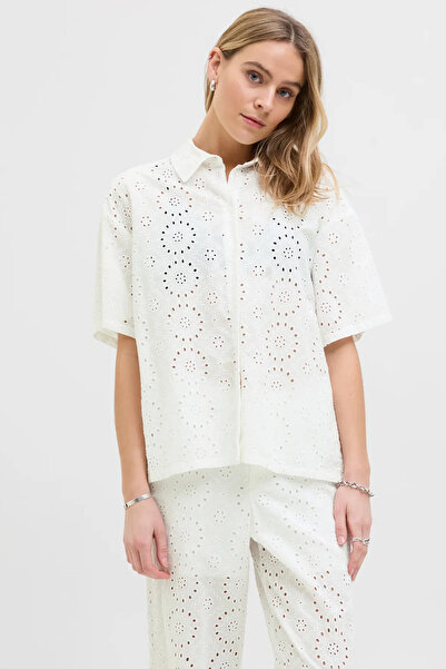 JJXX Women's Relaxed Fit Lace Listing Eten Short Sleeve 100% Cotton Shirt Ecru 12270924